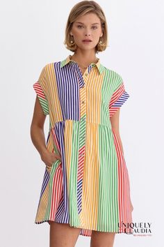 Nothing says spring/summer fun like our Nikki Multi-Color Stripes Shirt Mini Dress. This fun easy dress boasts a delightful array of colors, and the button-down design and side pockets adds practicality while ensuring ease of wear. The inclusion of a lining ensures both comfort and confidence, allowing you to embrace every moment. The allure of this dress lies in its versatility. Whether you're strolling through sun-kissed streets or attending a daytime soirée, pair it with cute wedges, sandals Short Sleeve Shirt Dress With Pockets For Beach, Casual Shirt Dress With Pockets For Vacation, Summer Shirt Dress With Buttons, Collared Dresses With Pockets For Vacation, Spring Beach Shirt Dress With Pockets, Spring Vacation Shirt Dress With Pockets, Summer Shirt Dress With Pockets, Summer Shirt Dress With Pockets For Day Out, Vacation Shirt Dress With Pockets For Spring