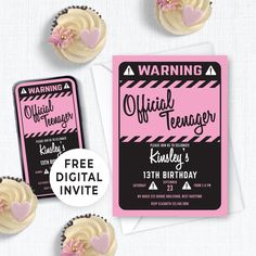 two cupcakes with pink frosting are next to an official teenager birthday card