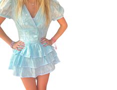 Tiered flounce skirt textured romper dress in light blue. Perfect dress to wear for brunch or church or any occasion! Old Preppy, Rush Outfits, Flounce Skirt, Preppy Dresses, Church Service, Romper Dress, Romper With Skirt, Blue Hues, Special Occasion Dresses