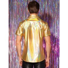 Introducing metallic color short-sleeve holographic button-down shirts! The unique design of these metallic shirts provides a stylish and eye-catching look, making you stand out in any crowd. These short-sleeved metallic shirts can be worn alone for a sleek and modern statement, or paired with leather shorts and shoes for an effortlessly chic ensemble. These holographic shirts are perfect for streetwear, parties, clubs, discos, stage performances, and more. Elevate your style with these versatil Fitted Short Sleeve Shirt For Party Season, Disco Style Short Sleeve Summer Shirt, Summer Disco Style Short Sleeve Shirt, Metallic Short Sleeve Shiny Top, Party Season Short Sleeve Shirt, Party Short Sleeve Shirt, Gold Button-up Shirt For Party, Gold Shirt For Summer Party, Gold Party Shirt For Summer