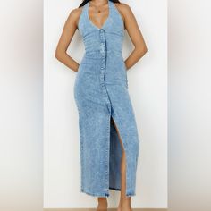 Never Worn! 65% Cotton, 35% Polyester Chic Washed Blue Denim Dress, Chic Washed Blue Fitted Denim Dress, Blue Washed Denim Midi Dress, Chic Fitted Washed Blue Denim Dress, Blue Washed Midi Denim Dress, Blue Washed Midi Length Denim Dress, Chic Washed Blue Midi Denim Dress, Chic Washed Blue Denim Dress For Day Out, Fitted Washed Blue Denim Dress For Spring