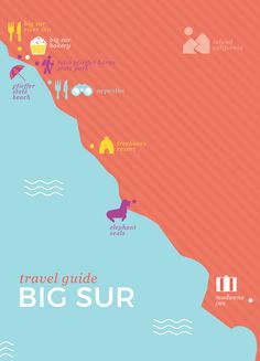 a map with the words travel guide big sur on it's side and an image of