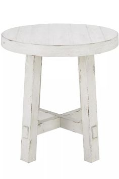 a white wooden table with two legs and a round top, on a white background