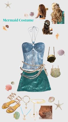 the mermaid costume is made up of different types of clothing and accessories, including shells