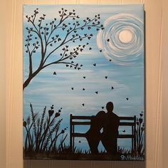 a painting of a couple sitting on a bench under a tree with the moon in the sky