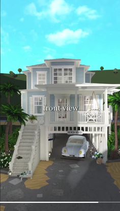 a white car is parked in front of a large house with stairs and balconies