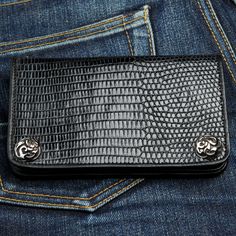 GENUINE BLACK LIZARD SKIN LEATHER BIKER WALLET ~BRAND NEW  The size measures (closed) : 6 1/4" x 3 3/4".   Features : 2 zip compartments and 3 long compartments.    This Genuine Black Lizard Skin Leather Biker Wallet is the perfect gift for professional business men who like to ride out in style at the weekends. Handmade and hand-finished to ensure a standard of perfection, it features a 100% genuine lizard leather outer, a hardwearing cowhide leather interior, and a range of pockets and pouches Black Wallet With Mobile Phone Bag, Black Bifold Wallet On Chain With Card Slots, Black Rectangular Business Wallet On Chain, Black Leather Wallet On Chain For Business, Black Wallet On Chain With Card Slots, Black Leather Wallet On Chain For Daily Use, Black Leather Wallet On Chain With Phone Bag, Black Leather Wallet On Chain With Mobile Phone Bag, Black Lizard