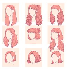 different types of hair for girls with long and short hair, in pink tones on a white background