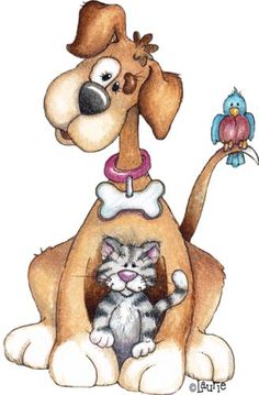 a drawing of a dog with a cat on it's back and a bird perched on its neck