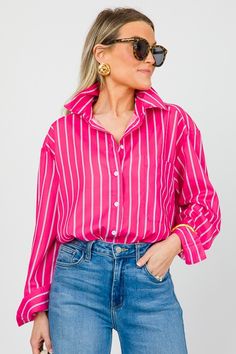 New Arrivals - Items Added Daily! :: The Blue Door Boutique Spring Striped Shirt With Button Cuffs, Pink Collared Shirt For Day Out, Vertical Striped Shirt For Day Out In Spring, Casual Pinstripe Tops With Button Cuffs, Oversized Pinstripe Long Sleeve Shirt, Classic Pink Tops With Pockets, Classic Pink Top With Pockets, Preppy Striped Collared Shirt, Striped Collared Preppy Shirt