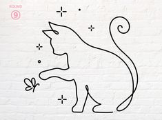 the outline of a cat with a butterfly on it's tail is shown in front of a white brick wall