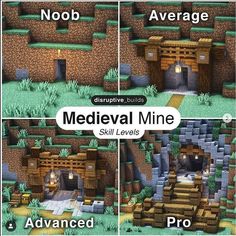 four different screens showing how to use medieval mine in the game, level 1 and 2