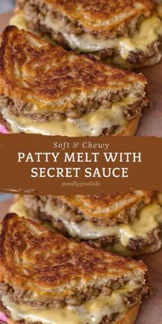 two grilled cheese sandwiches on top of a cutting board with the words patty melt with secret sauce