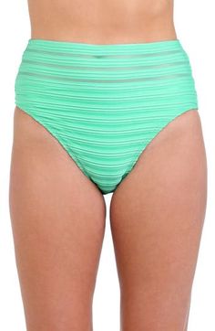 Head straight to the beach in these high-waist swim bottoms with a vibrant solid hue and illusion mesh panels. Moderate back coverage Lined 87% polyester, 5% nylon, 8% elastane Hand wash, line dry Imported Green Mesh Bottoms For Summer, Summer Green Mesh Bottoms, Spring Pool Nylon Tankini, Nylon Solid Color Beach Bottoms, Green High-cut Leg Beach Bottoms, Solid Nylon Bottoms For Beach Season, Solid Nylon Swim Skirt For Beach Season, Nylon Swim Skirt For Beach Season, Summer Nylon Brief Bottoms