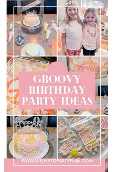 two girls standing next to each other in front of a birthday cake with the words grooy birthday party ideas