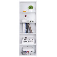 a white book shelf with books on top and flowers in the middle, against a white background