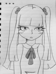 a pencil drawing of a girl with long hair and big eyes wearing a tie on her neck