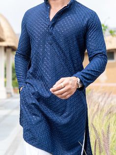 "Welcome to my shop shop sifatart   We deal with a variety of clothes viz Indian kurta , African clothing, beautiful clothing with links on the hands. Men Chikankari Suit, Mirror work Kurta men's, men's tunic, men's fashion Give yourself the best ethnic look by wearing this Top and Bottom Set. Made of rich cotton blend fabric this regular-fit set comprises a full-sleeved Indian kurta This outfit with Morris will look apart on special occasions. material 100%  Cotton Chikankari Color:  Blue Chikankari  Length: 40 inch Shirt Chest is a measurement for the shirt (not body) As per standard, for best loose fitting 6 inches gap should be there between the actual chest size and shirt chest size The size chart is below Men's Sizes Actual Body Chest - Ready Shirt Chest I Add 6\" Inches Lose Fitting Best Kurta Pajama Design For Men, Kurtas For Men Style Indian Casual, Kurta For Man Design, Men Kurta Designs Style Mirror Work, Chicken Work Kurta Designs Men, Traditional Mens Outfit, Chikankari Suits Men, Party Kurta For Men, Lakhnawi Kurta For Men