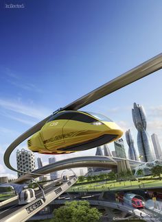 an artist's rendering of a futuristic city with a yellow train on the tracks