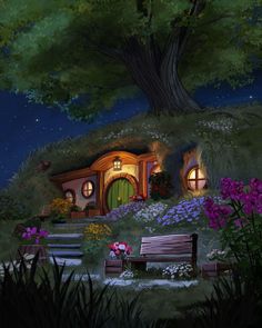 a painting of a hobbot house in the middle of a forest at night