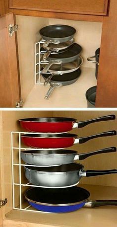 the kitchen cabinet is filled with pans and pots, but no one has to use them