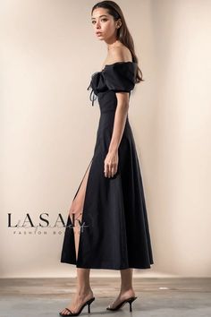 Lasaky - Off-Shoulder Midi Sundress with Tie Front, Puff Sleeves and High Slit Midi Sundress, Effortless Elegance, French Inspired, Puff Sleeves, Sundress, Puff Sleeve, Off The Shoulder, Off Shoulder, Polyester Fabric