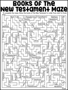 a black and white poster with the words books of the new testament maze on it