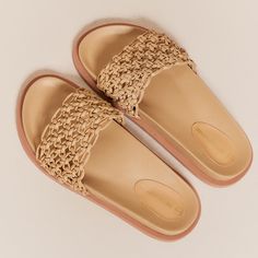 Woven Leather Sandals Trendy Beige Jelly Sandals With Round Toe, Beige Flat Heel Jelly Sandals For Spring, Beige Flat Jelly Sandals For Summer, Trendy Brown Footbed Sandals For Summer, Beige Jelly Sandals For Spring, Beige Synthetic Jelly Sandals For Spring, Beige Closed Toe Footbed Sandals For Beach, Summer Beige Open Toe Jelly Sandals, Beige Slide Footbed Sandals For Beach