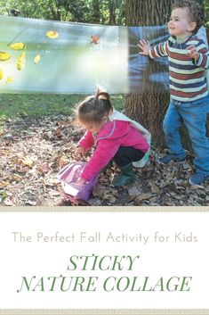 the perfect fall activity for kids sticky nature collage with two children playing in leaves