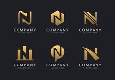 set of letter n logo design templates with gold color on black background free psd file