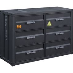 a black tool cabinet with drawers and yellow sticker on the bottom drawer is shown