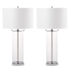 pair of clear glass table lamps with white shade