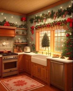 a kitchen decorated with christmas decorations and lights