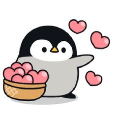 a cartoon penguin holding a basket of hearts