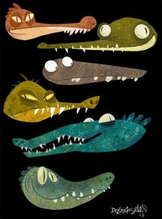 four alligators with their mouths open and eyes wide, all facing different directions to the same direction