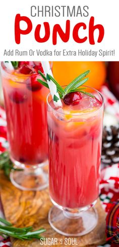 christmas punch with cranberries and oranges in the background text reads, christmas punch add run or vodka for extra holiday spirit