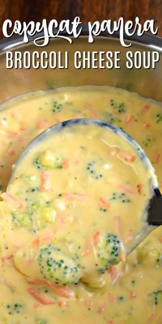 broccoli cheese soup in a pot with a ladle scooping up some food