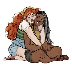 two women hugging each other while sitting on the ground