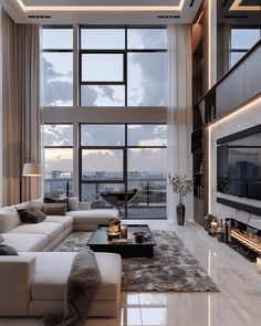 a modern living room with large windows overlooking the city