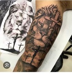 a man with a lion and cross tattoo on his arm next to another person's leg