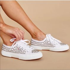 New With Tags Casual Low-top Sneakers With Studs, Casual Studded Lace-up Sneakers, Casual Studded Sneakers, White Sneakers With Studded Rubber Outsoles For Summer, White Sneakers With Studded Outsoles For Summer, White Low-top Sneakers With Spikes, Trendy Low-top Spiked Sneakers, Casual White Sneakers With Studs, Casual White Studded Sneakers