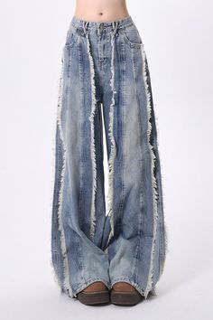 ❤︎High Street Distressed Raw Edge Jeans❤︎ Blue Baggy Bottoms With Frayed Hem, Baggy Blue Bottoms With Frayed Hem, Non-stretch Blue Pants With Frayed Hem, Non-stretch Distressed Blue Pants, Blue Distressed Bohemian Jeans, Bohemian Blue Distressed Jeans, Bohemian Distressed Blue Jeans, Trendy Blue Pants With Frayed Hem, Blue Distressed Bottoms With Relaxed Fit