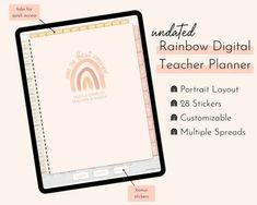 an image of a tablet with the words rainbow digital teacher planner on it and instructions to use