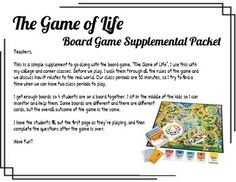 the game of life board game supplement packet is shown in this graphic above it's description