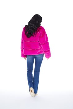 The Mob Wife Jacket features soft faux fur with matte vegan leather. This jacket provides fashionable warmth with functional pockets on each side. Style with our Y2K Bootcut Jean in Monaco for a relaxed but clean look.    WASH: Hot Pink FABRIC CONTENT: Shell fabric: 100% polyester. Trim fabric: 55% polyurethane 45% polyester. Lining: 100% polyester CARE INSTRUCTIONS: Dry Clean Only. SIZE AND FIT: From Top of Shoulder 26"  Model is wearing a size XS. We recommend sizing down.    DETAILS: Strips across fur are Faux Leather Faux Fur  Zipper Closure Warm Side Pockets Silver Hardware Leather Fur Jacket, Hot Pink Fabric, The Mob, Fur Leather Jacket, Trim Fabric, Mob Wife, Bootcut Jean, Mob Wives, Pink Fabric