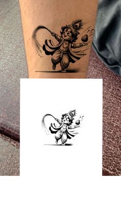 a person with a tattoo on their leg and an image of a cartoon character in the background