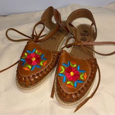 Artisanal Hand Crafted And Embroidered Lace Up Sandals, With Sturdy Soles. Never Worn, Will Stretch And Mold To Your Feet After Use But Do Not Recommend For Wide Feet. Mexican Huaraches, Traditional Mexican, Lace Up Sandals, Embroidered Lace, Women's Shoes Sandals, Shoes Sandals, Hand Crafted, Lace Up, Women Shoes