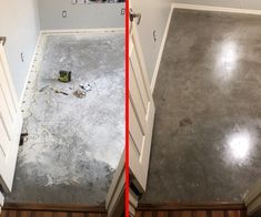 two pictures side by side showing the same floor in different stages of being polished and sealed