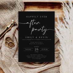 a black and white wedding card with the words happily ever after party written on it