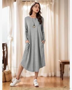 Elluis - Exquisite Womens Long-Sleeve Dress featuring a Flawless Flared Hem and Supreme Comfort Fit Women Long Sleeve Dress, Skirt Skirt, Types Of Skirts, Single Piece, A Line Skirt, Types Of Collars, Skirt Length, Long Skirt, A Line Skirts